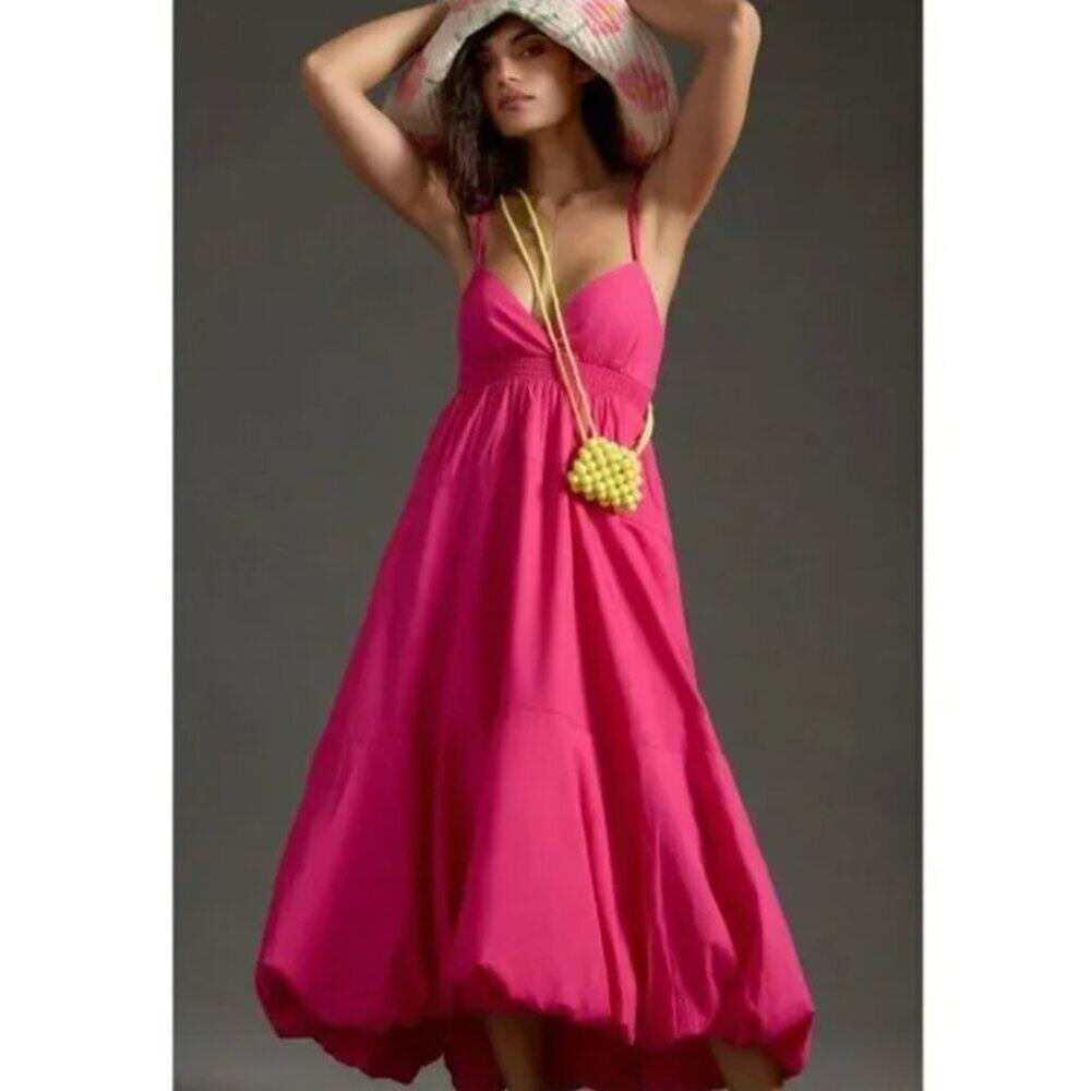 ANTHROPOLOGIE V Neck Tiered Pink Bubble Hem Maxi Dress-Size M